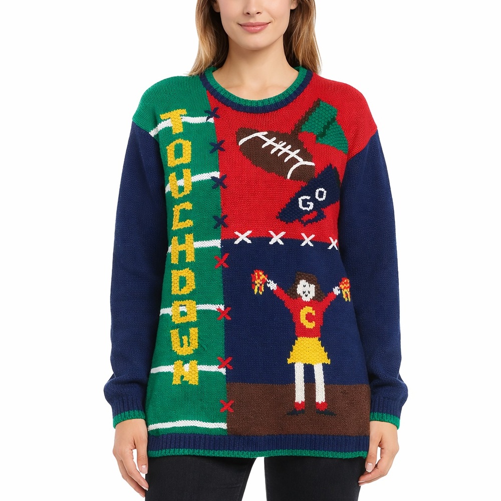 Vintage Karen Scott Hand Knits Sweater Touchdown Football Size Small - Flaw